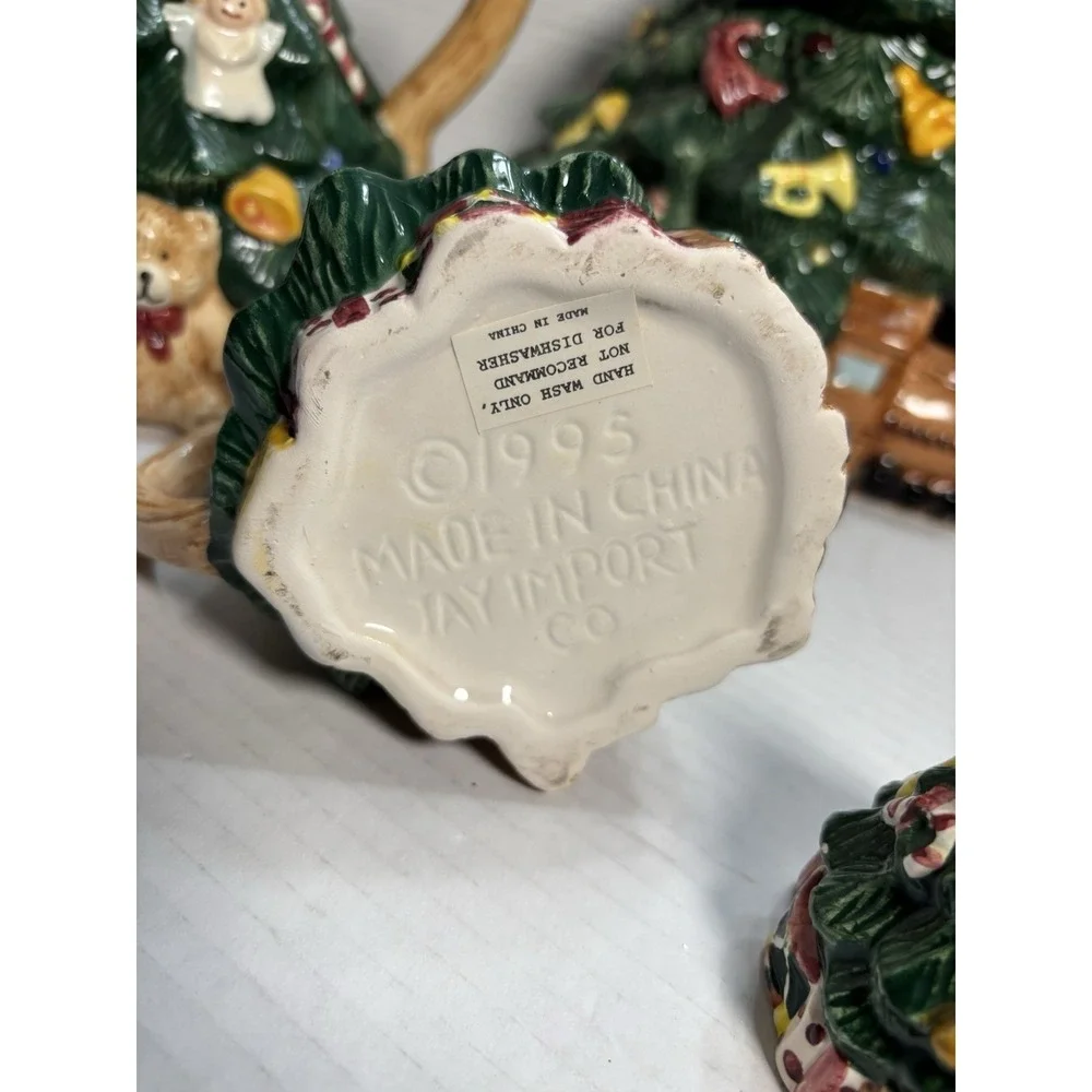 RARE! Vintage 1995 Jay Import Christmas Tree Tea Teapot‎ Creamer Cookie Jar Set